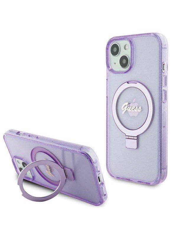 GUESS Ring Stand Script Glitter MagSafe case for iPhone 15 Plus / 14 Plus - purple