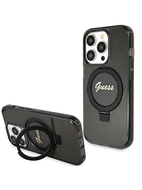 GUESS Ring Stand Script Glitter MagSafe case for iPhone 15 Pro Max - black