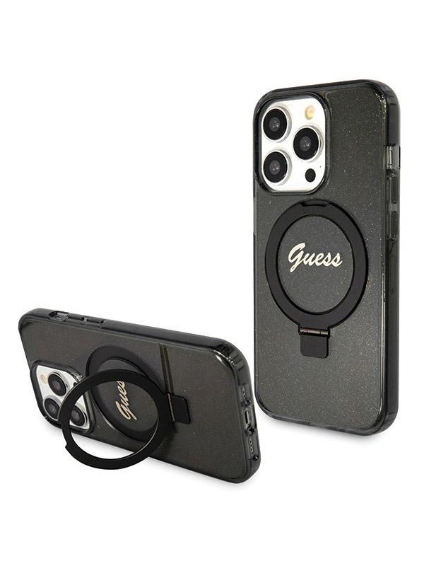 GUESS Ring Stand Script Glitter MagSafe case for iPhone 13 Pro / 13 - black