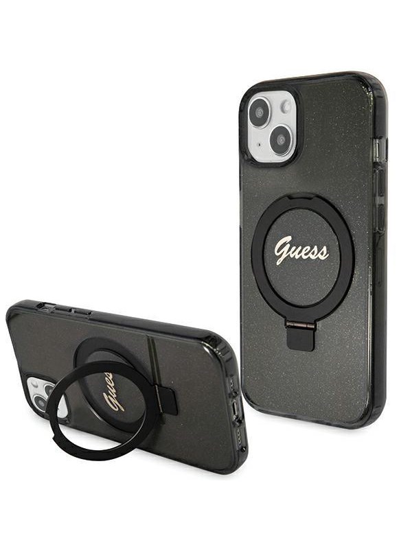 GUESS Ring Stand Script Glitter MagSafe case for iPhone 13 / 14 / 15 - black