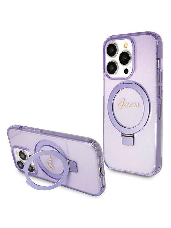 GUESS Ring Stand Script Glitter MagSafe case for iPhone 13 Pro Max - purple