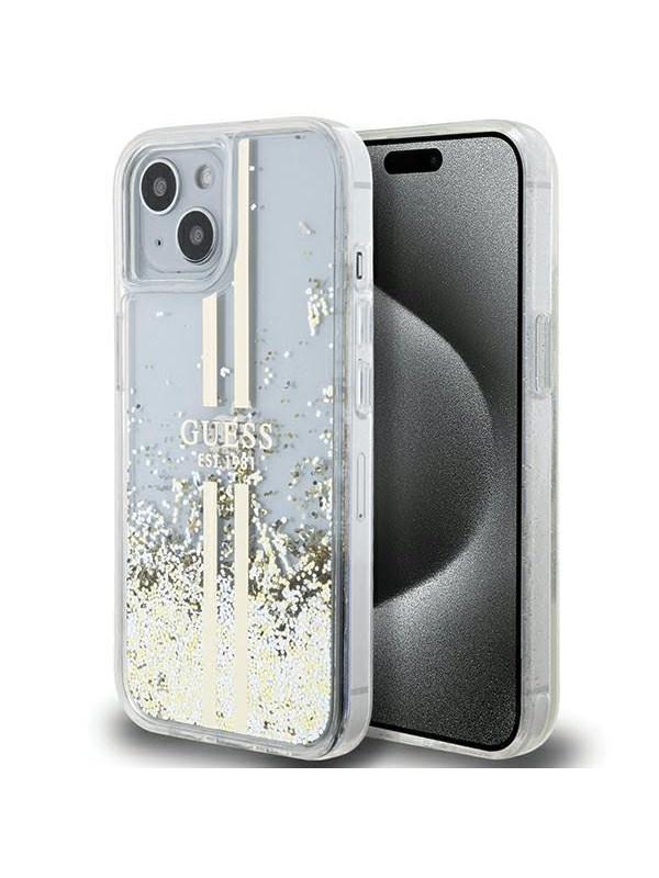 GUESS Liquid Glitter Gold Stripes case for iPhone 15 Plus / 14 Plus - transparent