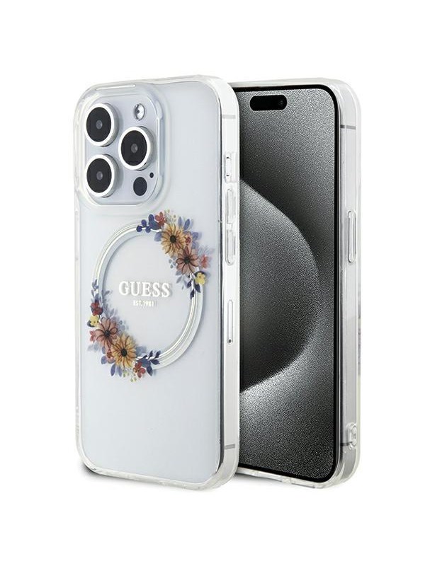 GUESS IML Flowers Wreatch MagSafe iPhone 15 Pro Max Case - Clear