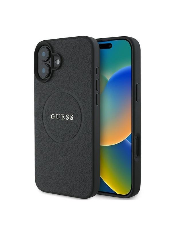 GUESS Grained Gold Ring MagSafe case for iPhone 16 Plus - black