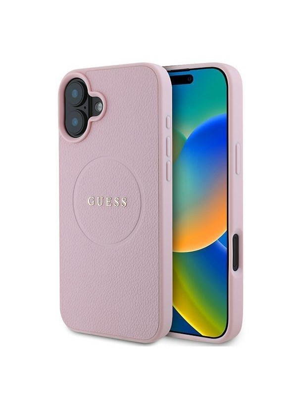 GUESS Grained Gold Ring MagSafe iPhone 16 Plus Case - Pink