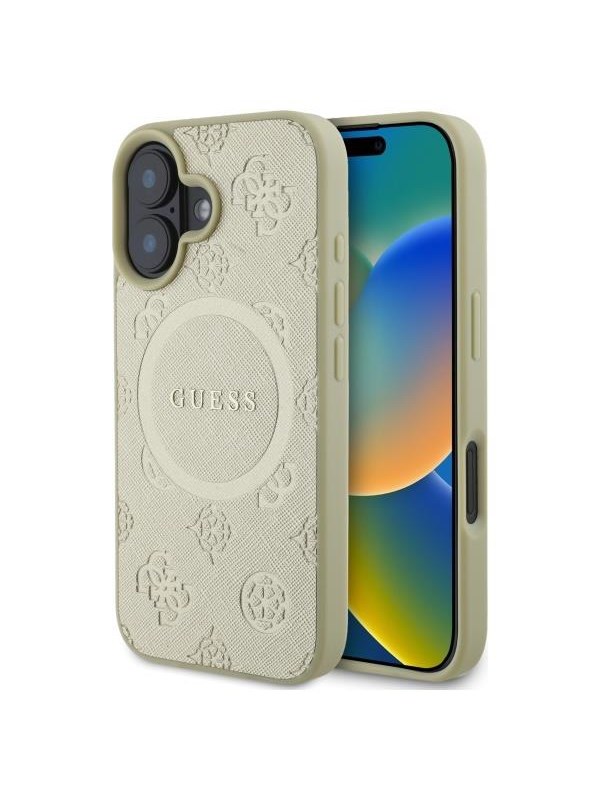 GUESS Saffiano Peony Classic Logo MagSafe case for iPhone 16 - gold