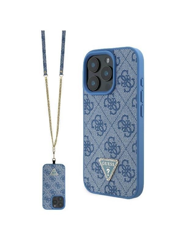 GUESS Leather Metal Logo Strass Crossbody Case for iPhone 16 Pro - Blue