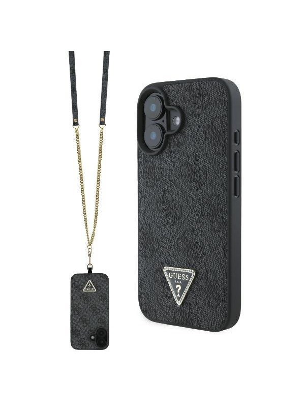 GUESS Leather Metal Logo Strass Crossbody Case for iPhone 16 - Black