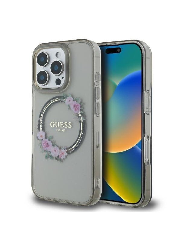 GUESS IML Flowers Wreath MagSafe Case for iPhone 16 Pro - Black
