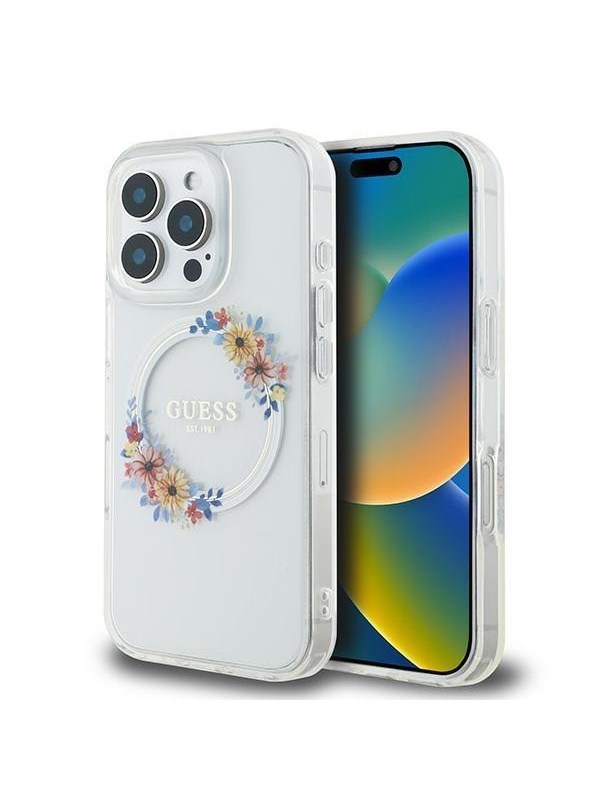 GUESS IML Flowers Wreath MagSafe Case for iPhone 16 Pro - Clear