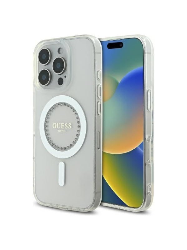 GUESS IML Rhinestones MagSafe Case for iPhone 16 Pro - White