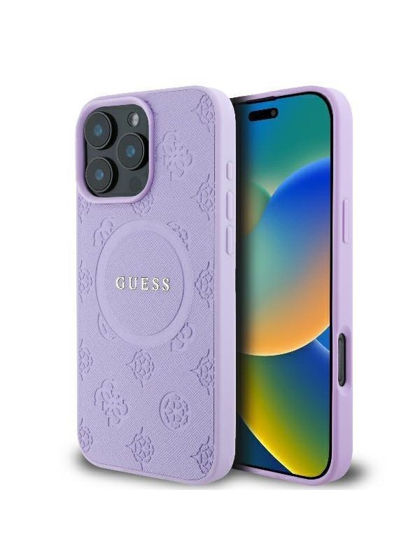 GUESS Saffiano Peony Classic Logo MagSafe iPhone 16 Pro Max Case - Purple