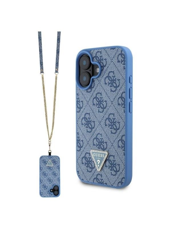 GUESS Leather Metal Logo Strass Crossbody Case for iPhone 16 - Blue