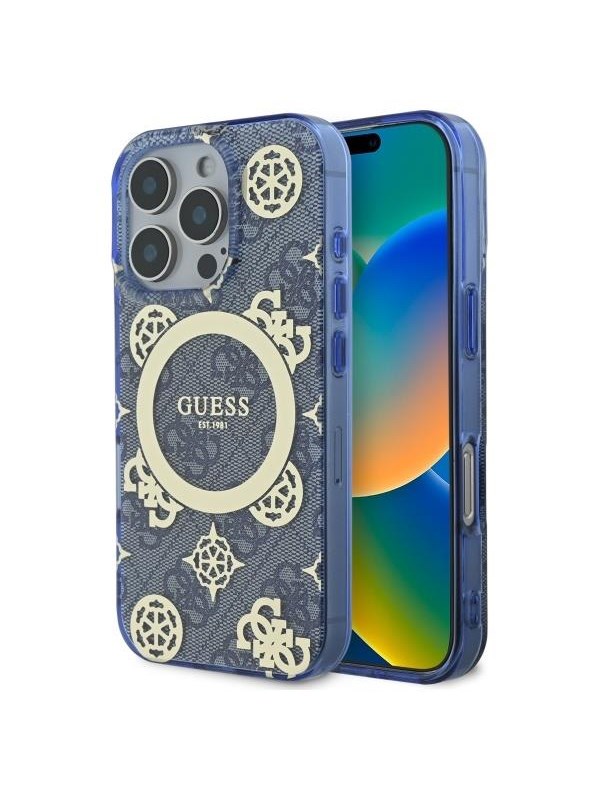 GUESS IML Peony On 4G Background MagSafe case for iPhone 16 Pro - blue