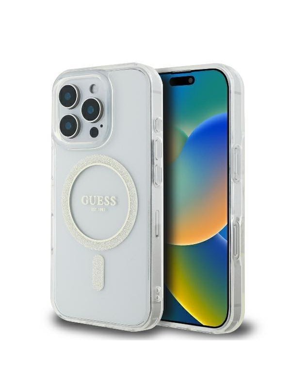 GUESS GUHMP16LHFGERET iPhone 16 Pro 6.3" transparent hardcase IML Glitter Circle MagSafe