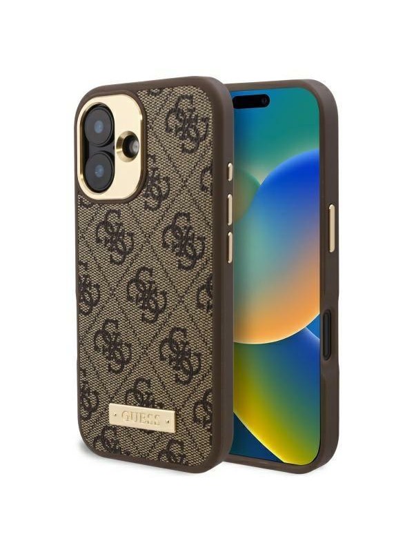GUESS 4G Logo Plate MagSafe Case for iPhone 16 Plus - Brown