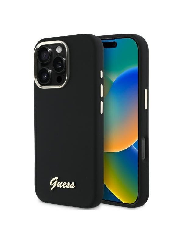 GUESS Silicone Script Metal Logo & Frame Case for iPhone 16 Pro - Black