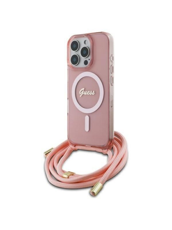 GUESS Crossbody Cord Script MagSafe Case for iPhone 16 Pro - Pink