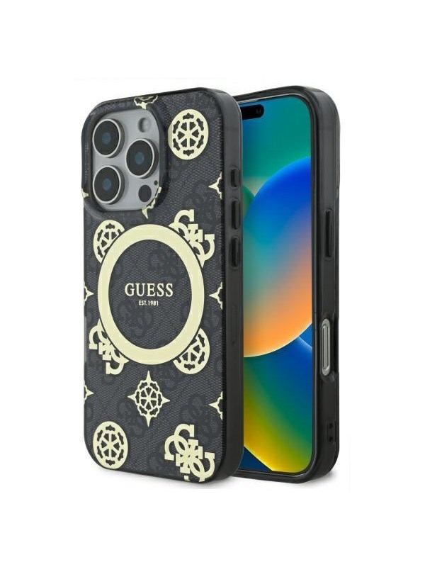 GUESS IML Peony On 4G Background MagSafe Case for iPhone 16 Pro Max - Black
