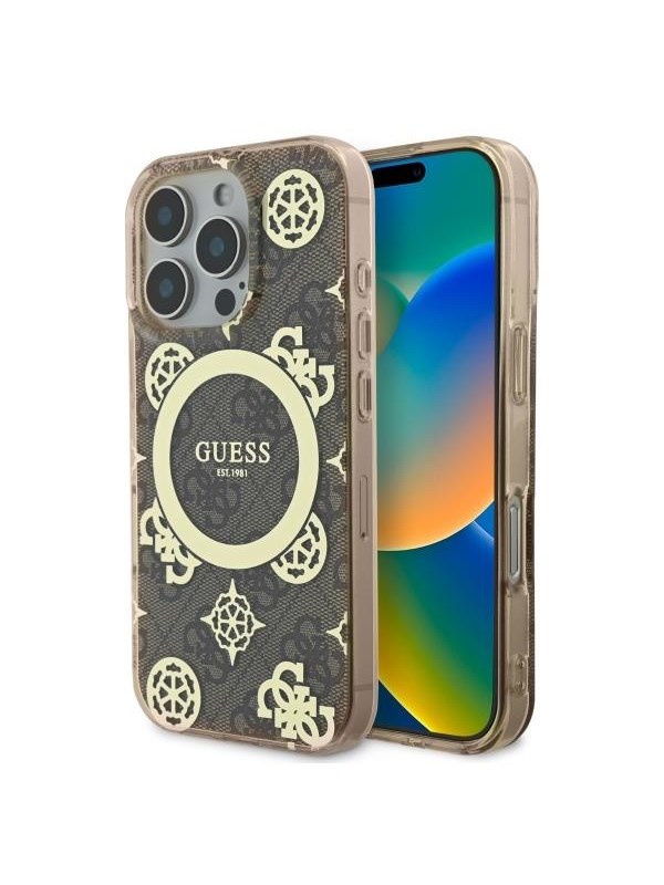 GUESS IML Peony On 4G Background MagSafe Case for iPhone 16 Pro Max - Brown