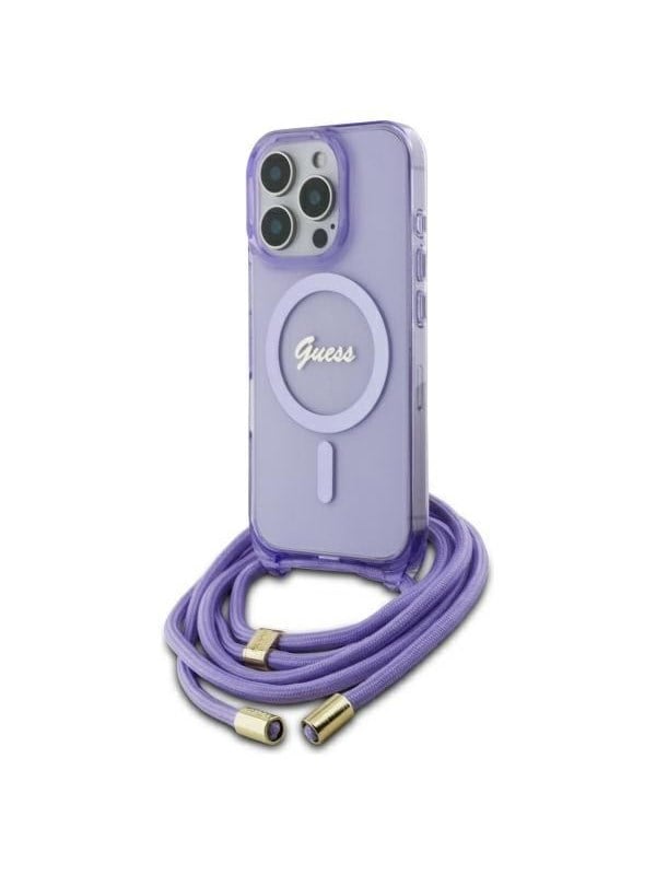 GUESS Crossbody Cord Script MagSafe Case for iPhone 16 Pro Max - Purple