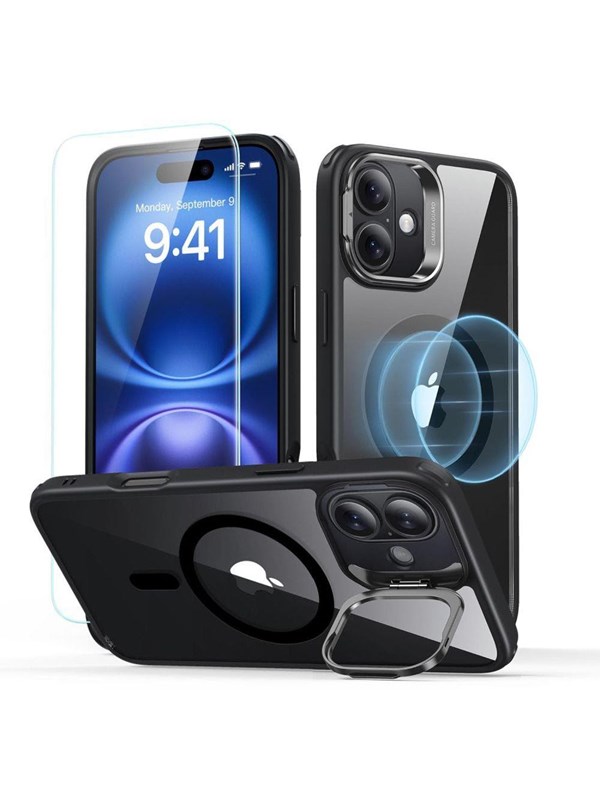 ESR Classic Hybrid Kickstand Halolock MagSafe Case Set + Tempered Glass for iPhone 16 - Black