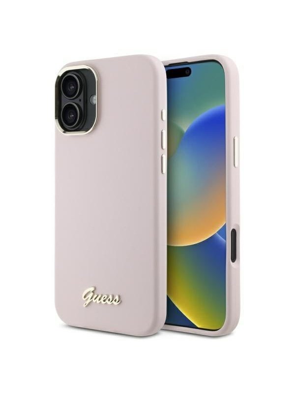 GUESS Silicone Script Metal Logo & Frame iPhone 16 Case - Pink
