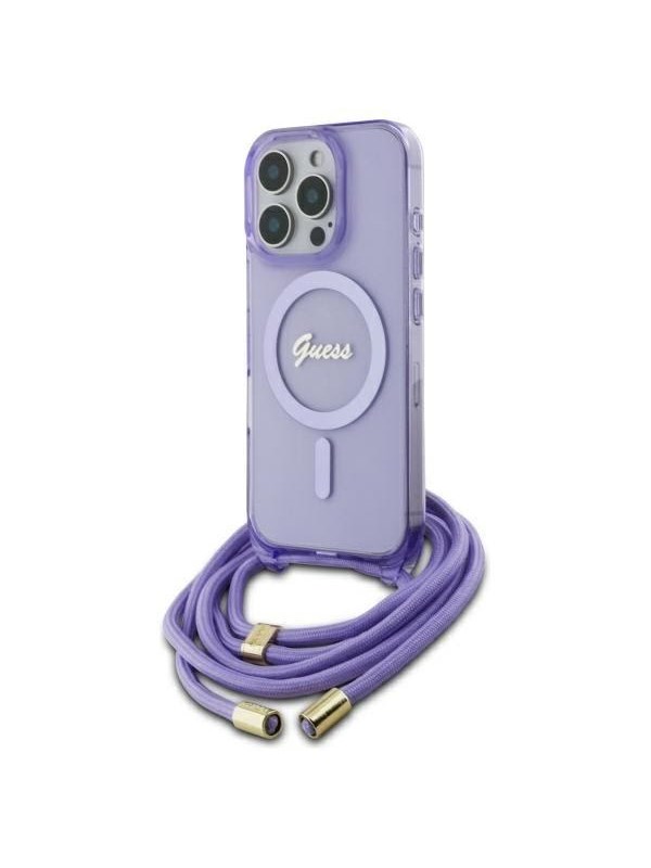 GUESS Crossbody Cord Script MagSafe Case for iPhone 16 Pro - Purple