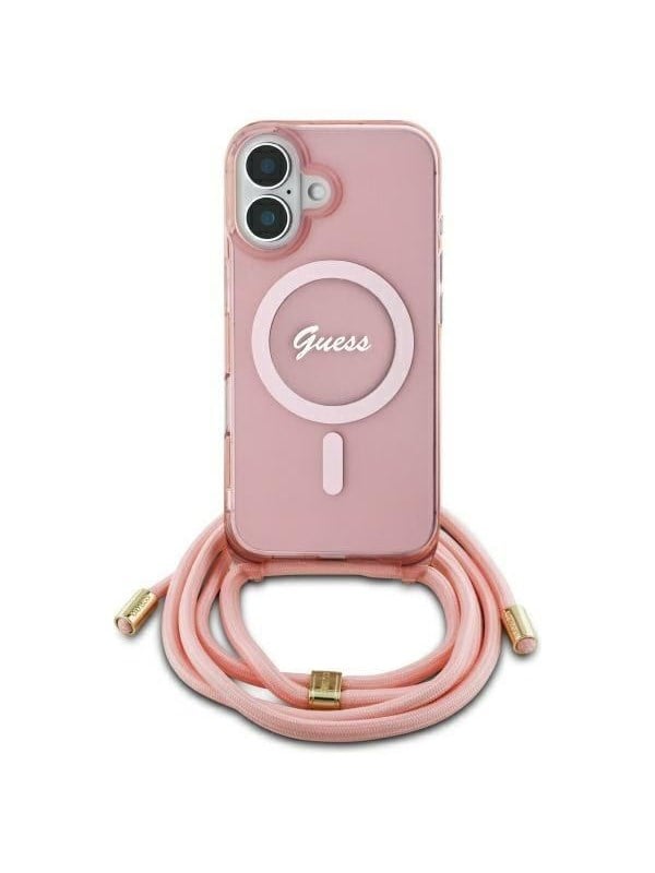 GUESS Crossbody Cord Script MagSafe iPhone 16 Case - Pink