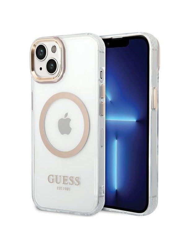 GUESS Metal Outline MagSafe Case for iPhone 15 Plus / 14 Plus - Gold
