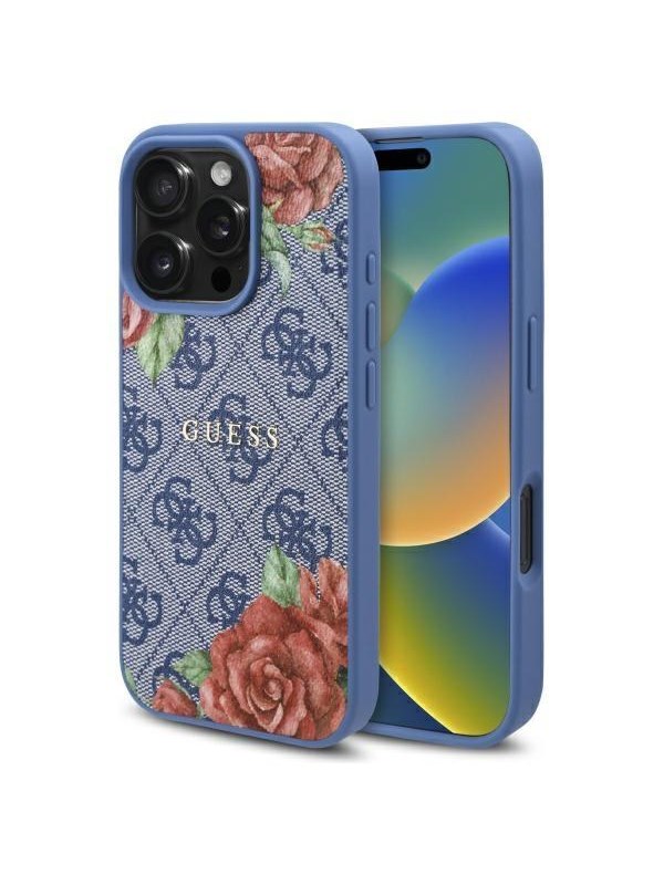 GUESS 4G Flowers Print MagSafe case for iPhone 16 Pro - blue