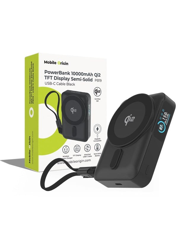 Mobile Origin PB19 Qi2 TFT Display Semi-solid Power Bank (w/ Built in USB-C cable) - Black - 10000 mAh
