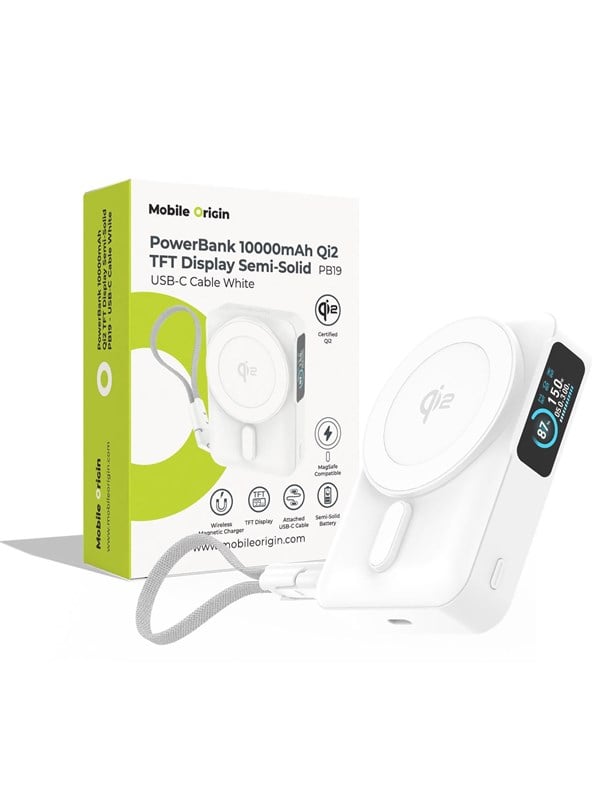 Mobile Origin PB19 Qi2 TFT Display Semi-solid Power Bank (w/ Built in USB-C cable) - White - 10000 mAh