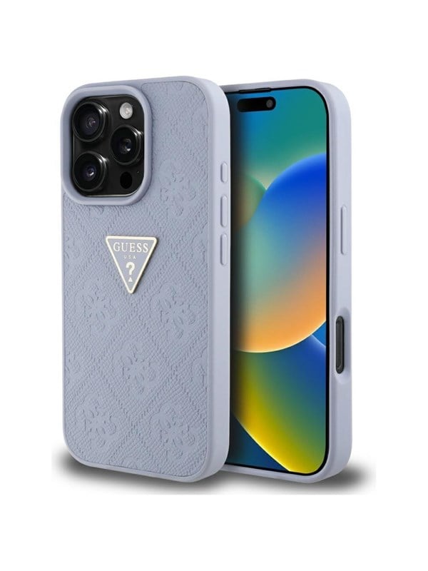 GUESS Hot Stamp 4G Pattern Triangle Metal Logo iPhone 16 Pro Case - Purple