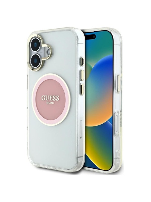 GUESS IML Metal Colored Circle Classic Logo MagSafe iPhone 16 Case - Pink
