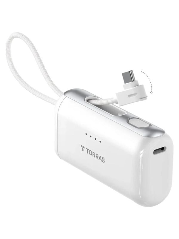 Torras PocketVolt 5K powerbank with built-in USB-C Cable - 22.5W PD - White - 5000 mAh