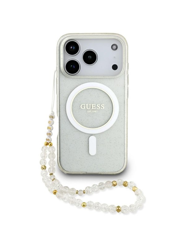 GUESS IML Glitter Pearl Strap MagSafe Case for iPhone 17 Pro - Clear