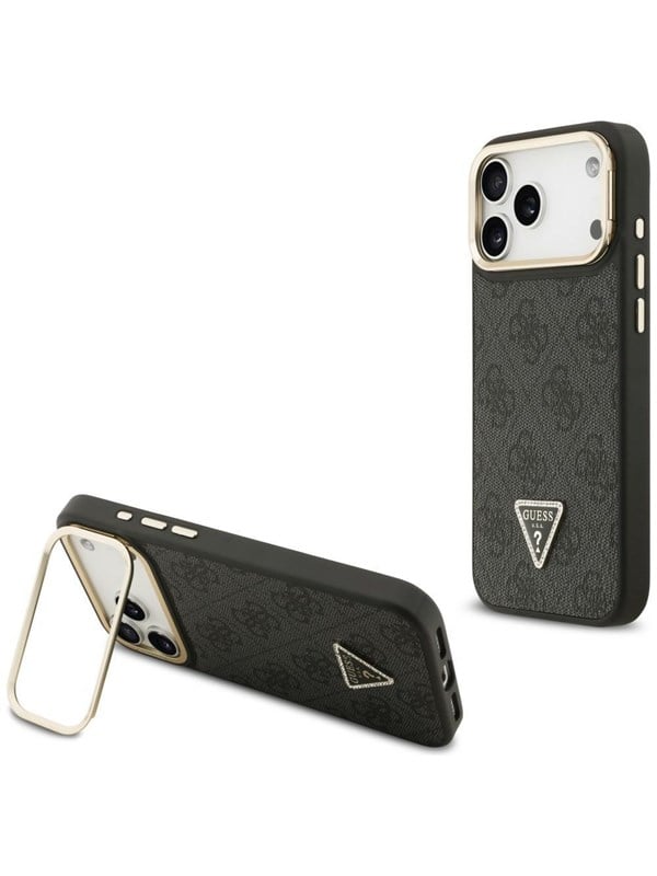 GUESS 4G PU Triangle Logo & Stand Camera Magsafe Case for iPhone 17 Pro Max - Black