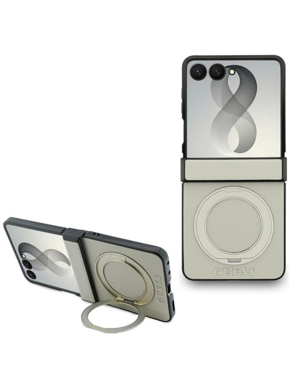 GUESS Magnetic Ring Stand Grained Classic Logo MagSafe case for Samsung Galaxy Z Flip 8 - beige