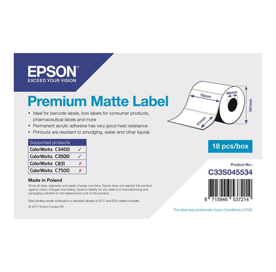 Papper, Fotopapper & Etiketter - Epson Premium Matte Label Die-Cut 76x51mm - C33S045534