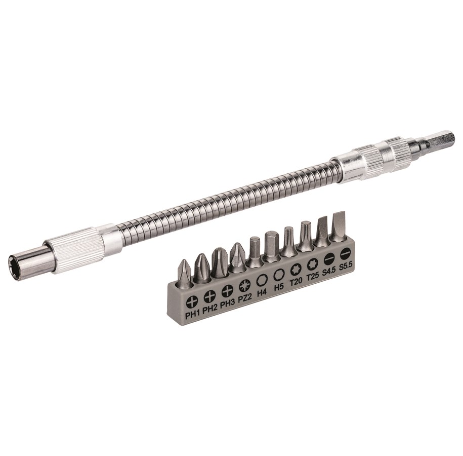 Borr & Bits - Bosch 11 delars flexibel metallförlängning SDB Flexibel metallförlängning, 200 mm, skruvmejsel spetssats, PH1, PH2, PH3, PZ2, Hex4, Hex5, T20, T25, SL 0.6x4.5; SL 0.8x5.5 - 2608522376