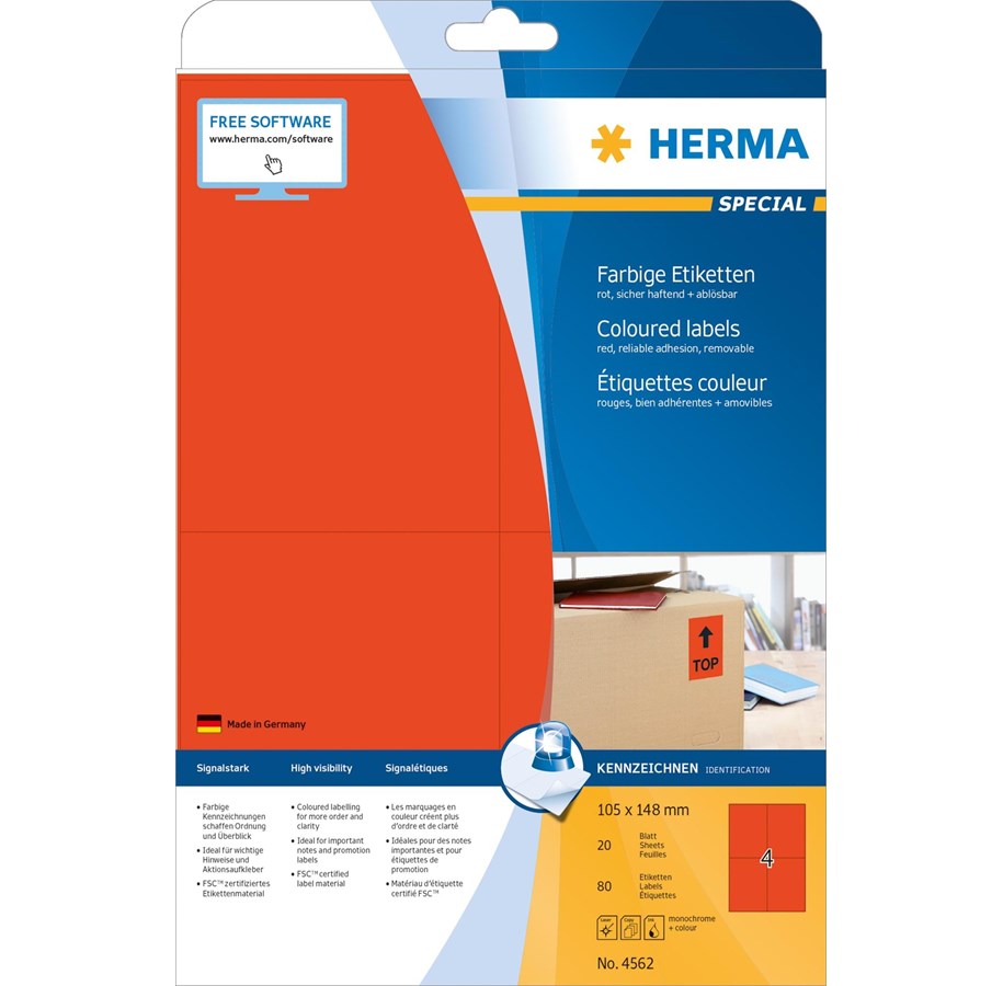 Papper, Fotopapper & Etiketter - HERMA Coloured labels A4 105 x 148 mm red removable - 4562