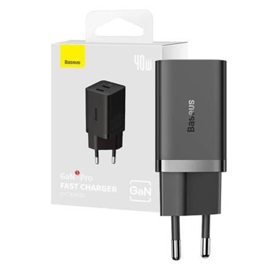 Mobile - Adapters & Chargers - Baseus 40W 2xUSB-C Wall Charger GaN5 - Black - CCGP180101