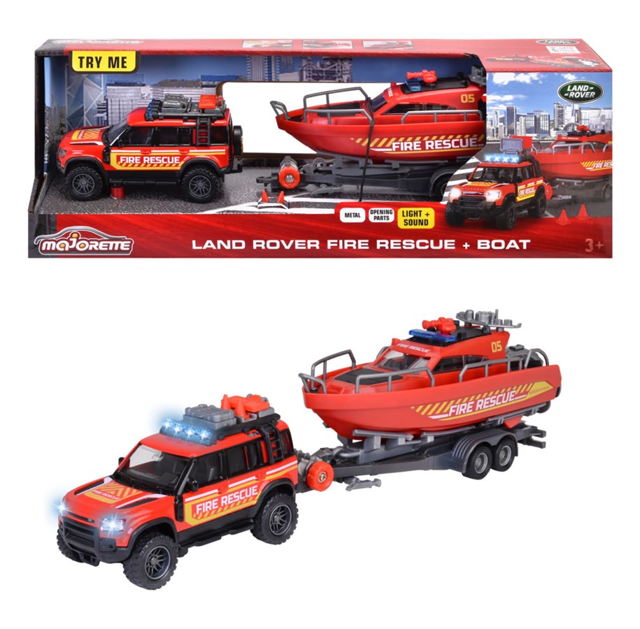 Leksaksbil - Majorette Grand Series - Land Rover Brandbil med Räddningsbåt - 213716001038