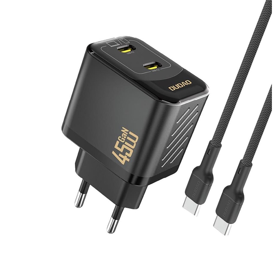 Mobile - Adapters & Chargers - Dudao A28PCEU PD 45W GaN 2xUSB-C Wall Charger with USB-C Cable - Black - 6976625334315