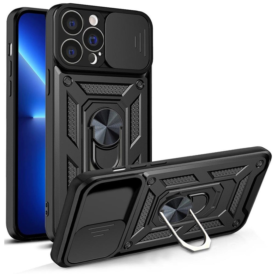 Mobile - Covers & Cases - Hurtel Hybrid Armor Camshield Case for iPhone 13 Pro Armored Case with Camera Cover Black - 9145576267974