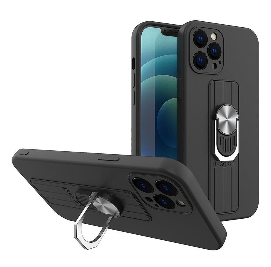 Mobile - Covers & Cases - Hurtel Ring Case Silicone Case with Finger Grip and Stand for Xiaomi Poco M4 Pro 5G Black - 5907769340956