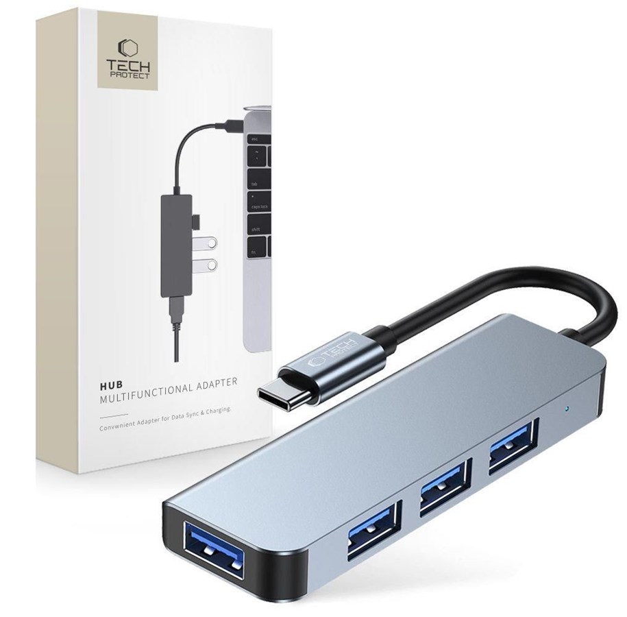 USB Hub - Tech-Protect HUB V1 4in1 USB-C - 3x USB-A 2.0 / USB-A 3.0 - Grey USB Hub - USB 2.0 - 4 porte - Grey - 9589046919367