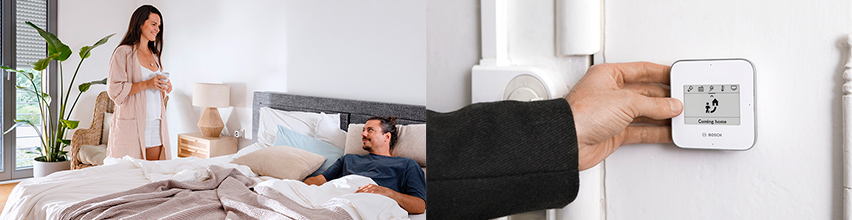 Par i sovrum och hand trycker på Bosch Smart Home Universal Switch II med Coming home-scenario aktiverat