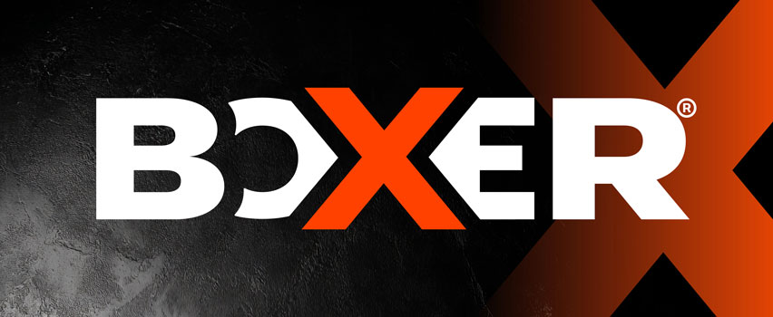 Boxer verktyg logotyp på svart bakgrund med orange X – professionellt handverktyg för hantverkare och gör-det-självare